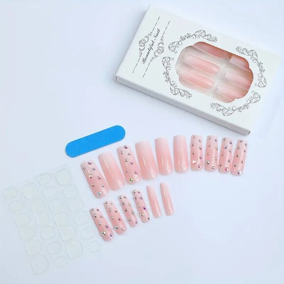 24pcs Sparkling Pink Gradient Rhinestone Press-On Nails for Women and Girls - Picture 4 of 7